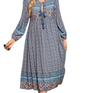 Floral Cotton Midi Maxi Dress Blue Pink Women XXL Boho Tassel Pockets Prairie